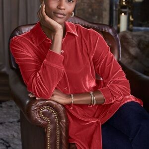 Soft Surroundings Shirt Womens Petite Medium Velvet Boyfriend Button Top Red NWT